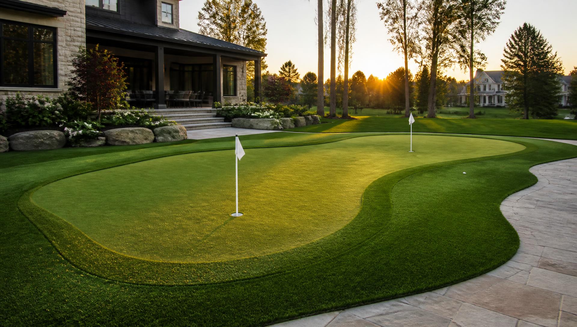 Backyard artificial turf putting green with two flagsticks at sunset